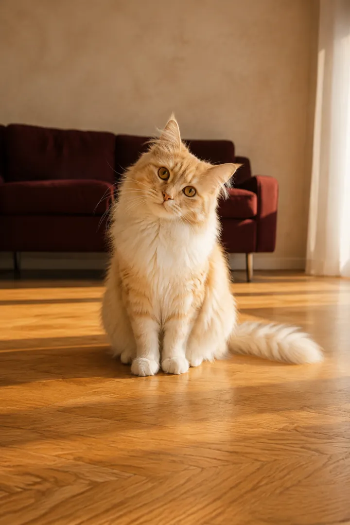 Original photo: a long-haired orange cat sitting on a wooden floor