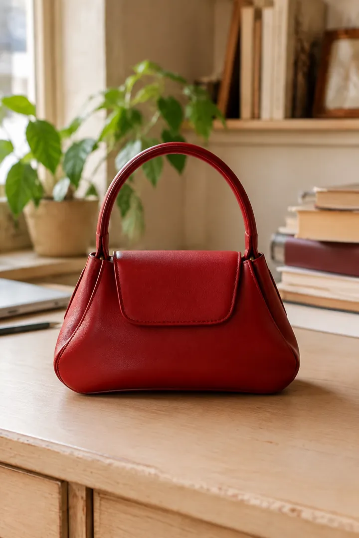 Original photo: a red leather handbag on a wooden desk with books and a plant