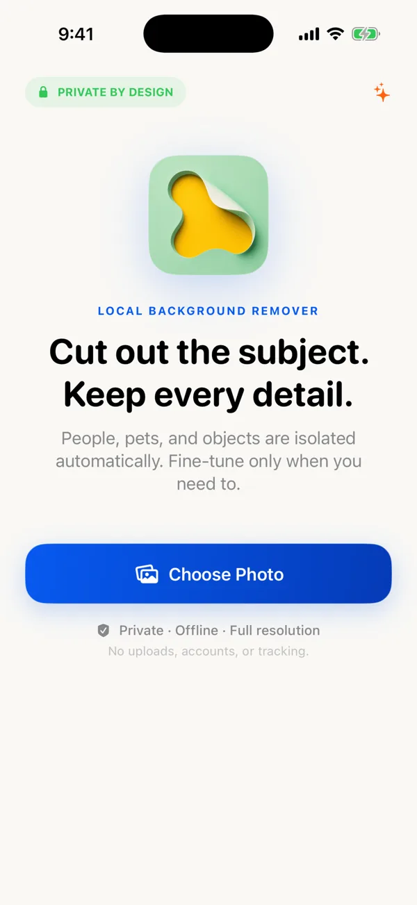 Start screen with a Choose Photo button and the note Private, Offline, Full resolution