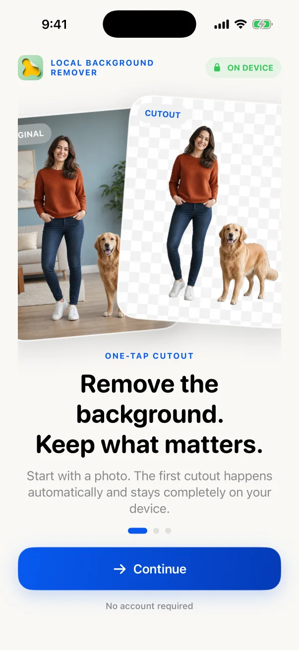 The app showing a person and dog before and after background removal