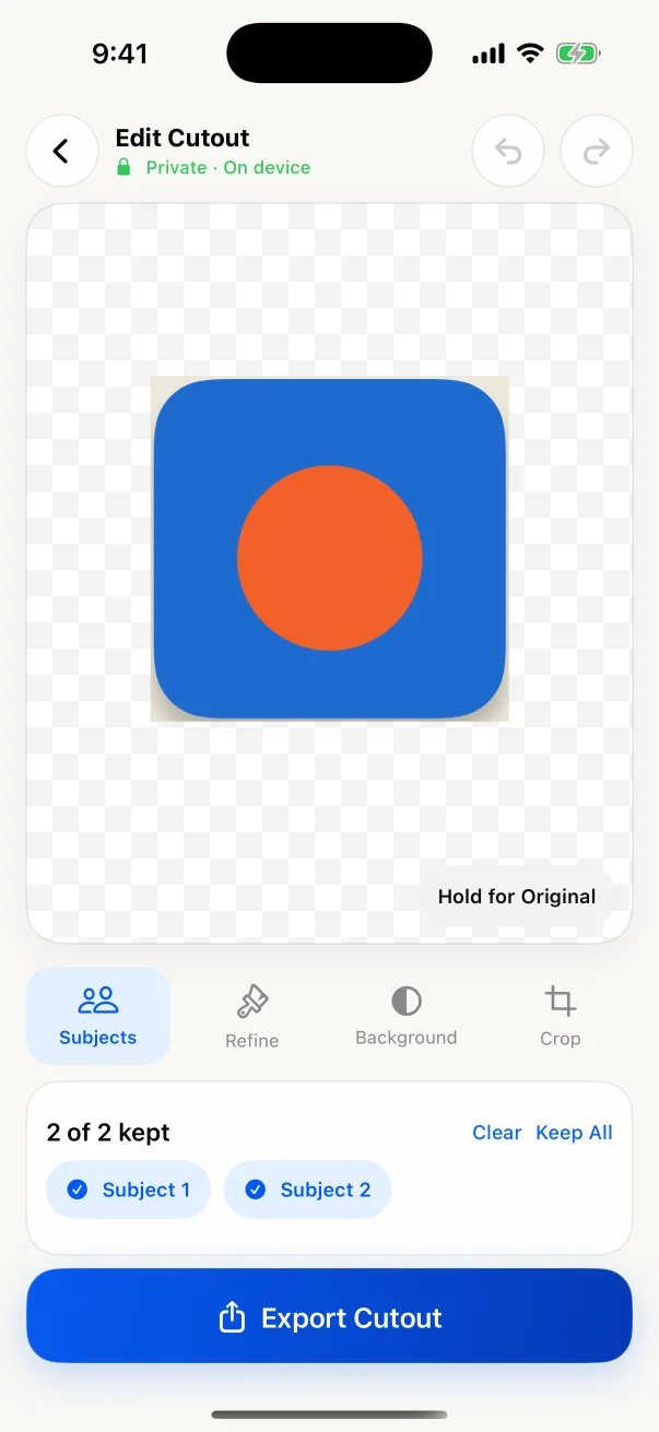 Editor with two individually selectable subjects and no outline around the result